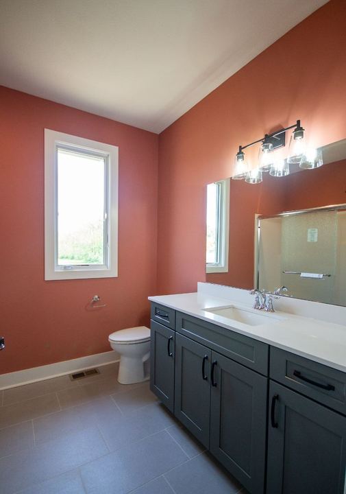 Hall bathroom with gray plank porcelain tile floor, terracotta walls and gray shaker vanity