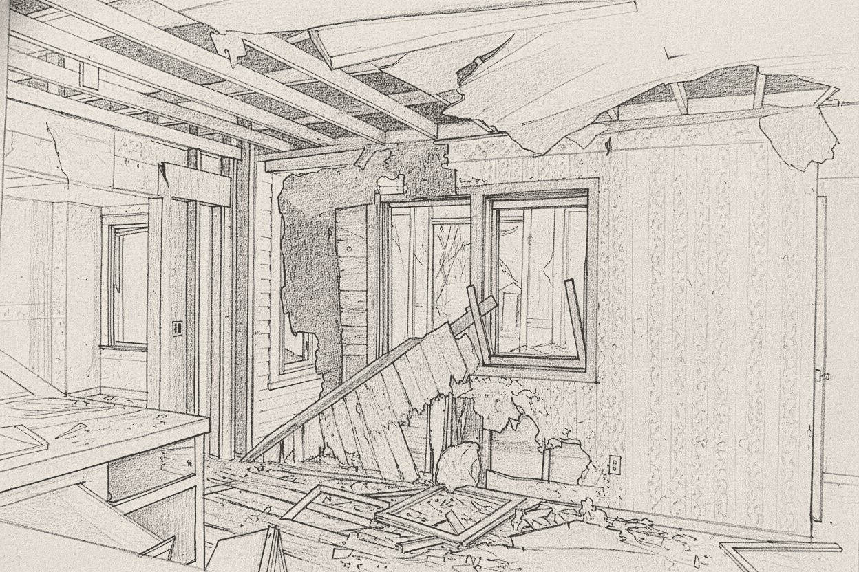 Storm-damaged home interior being restored